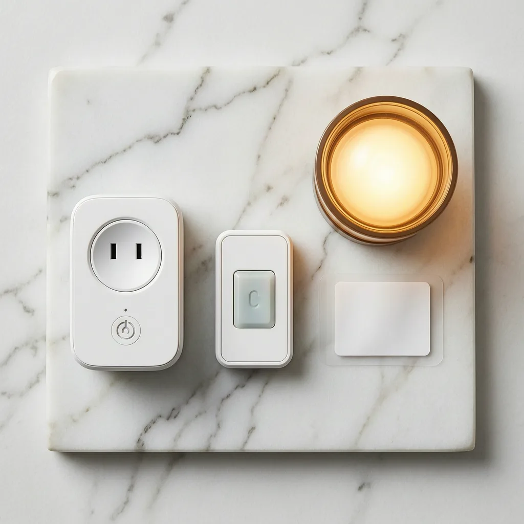 Lights Out Kit contents — smart plugs, door sensor, night light