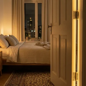Bedroom door with light under it at night