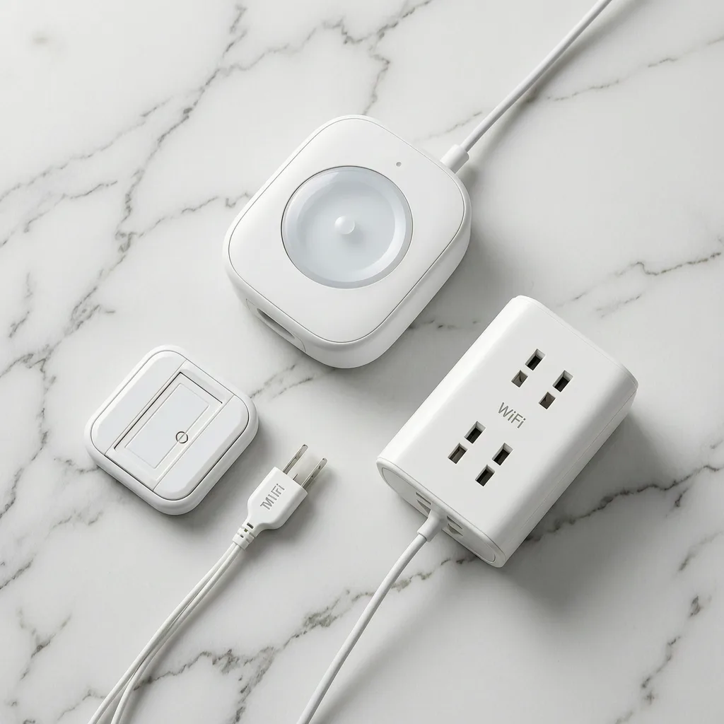 Peace of Mind Kit contents — motion sensor, door sensor, smart plug