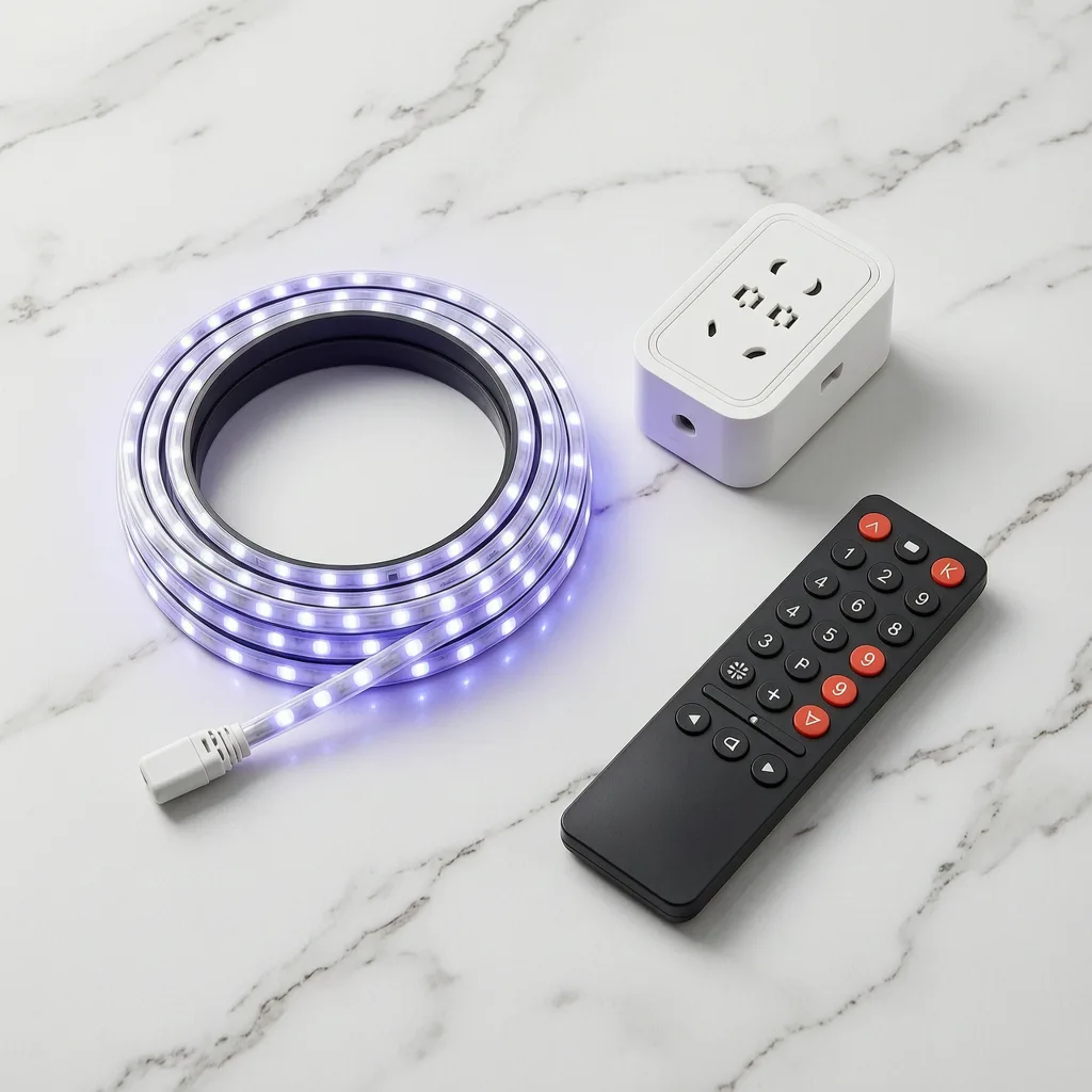 Movie Night Kit contents — RGB LED strip, smart plug, universal remote