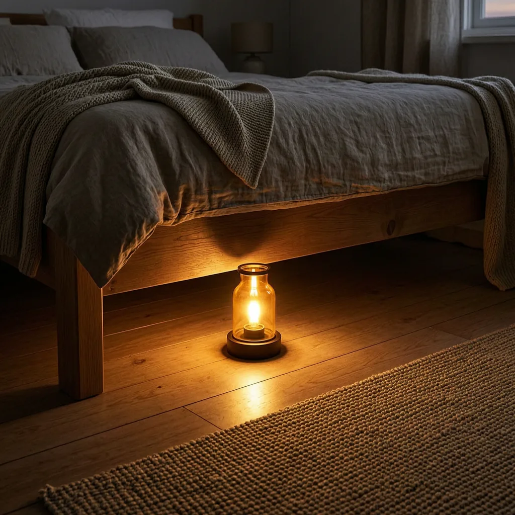 Warm night light glowing under bed frame