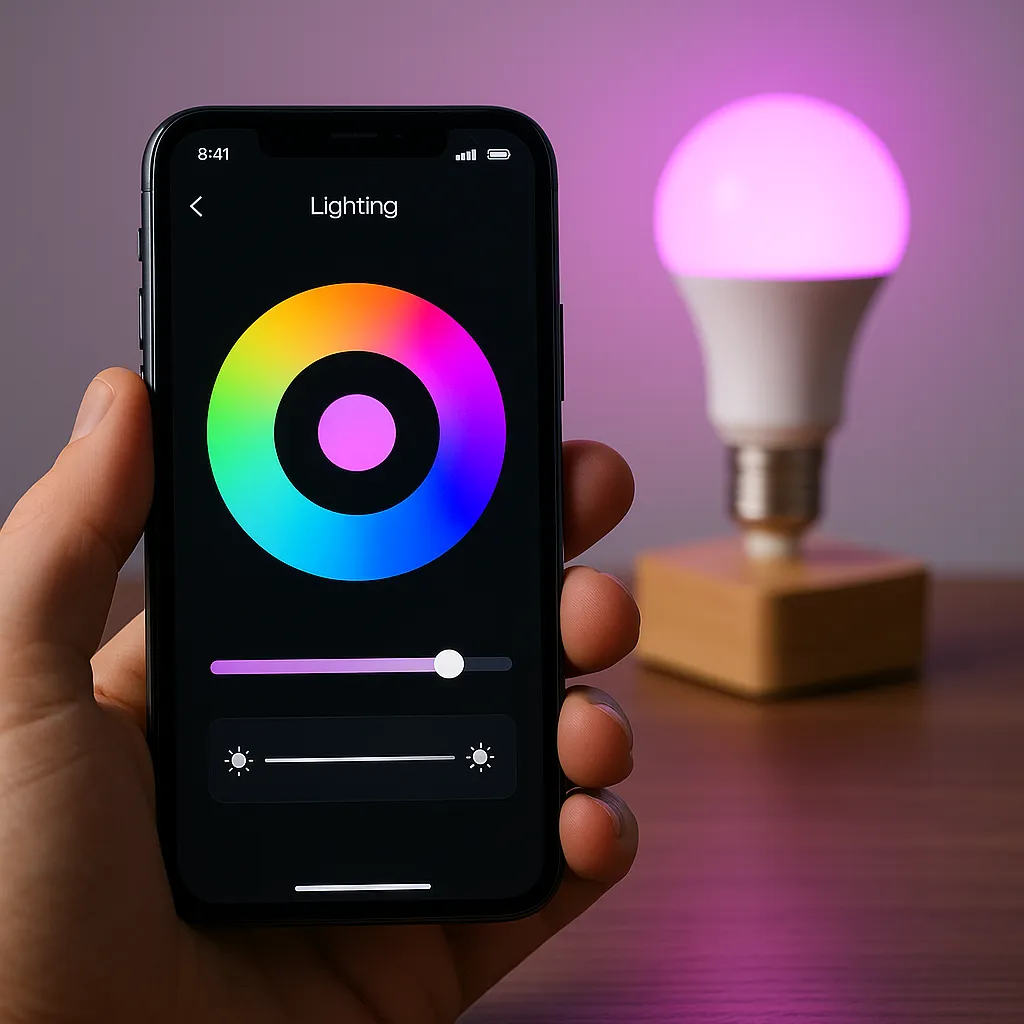 Smart bulb app control interface on phone with colorful RGB lighting