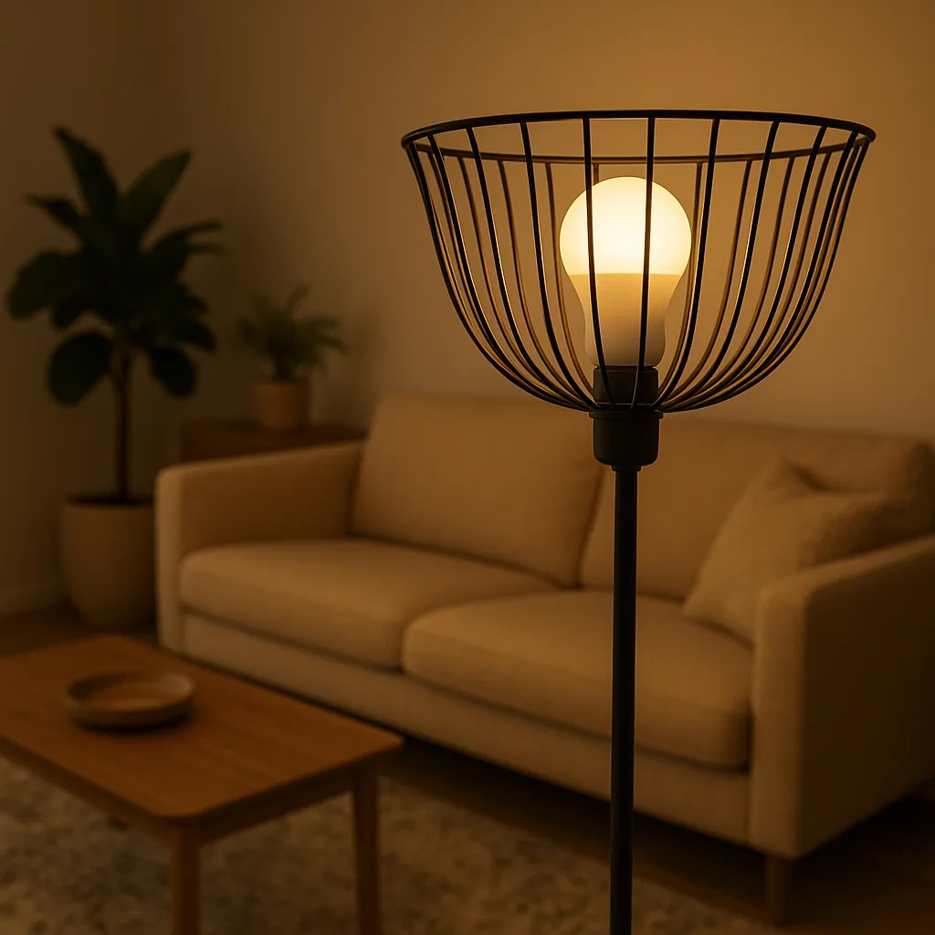 WiFi Smart Bulb A19 RGBCW glowing warm white in a modern living room