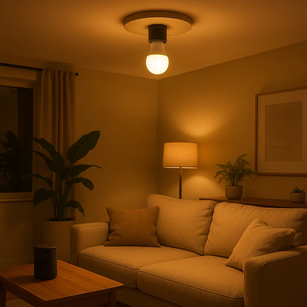 Voice control smart bulb with Alexa in apartment living room