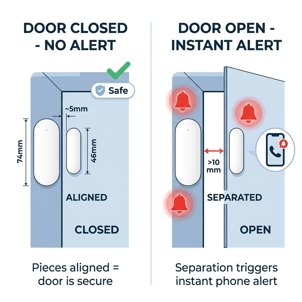 How sensor works — closed door safe, open door alert