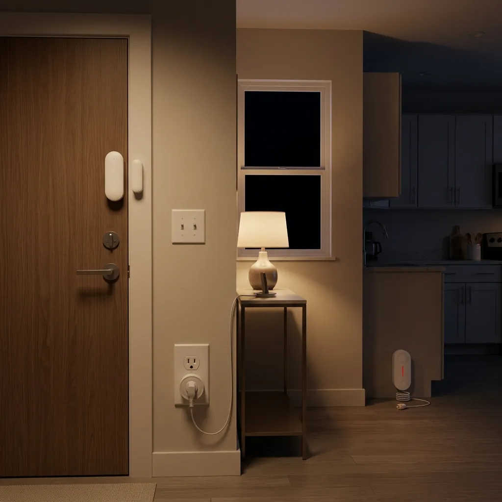 Peace of Mind Kit at night - smart plug keeps entry lamp on a timer, door sensor on front door, water leak sensor in kitchen