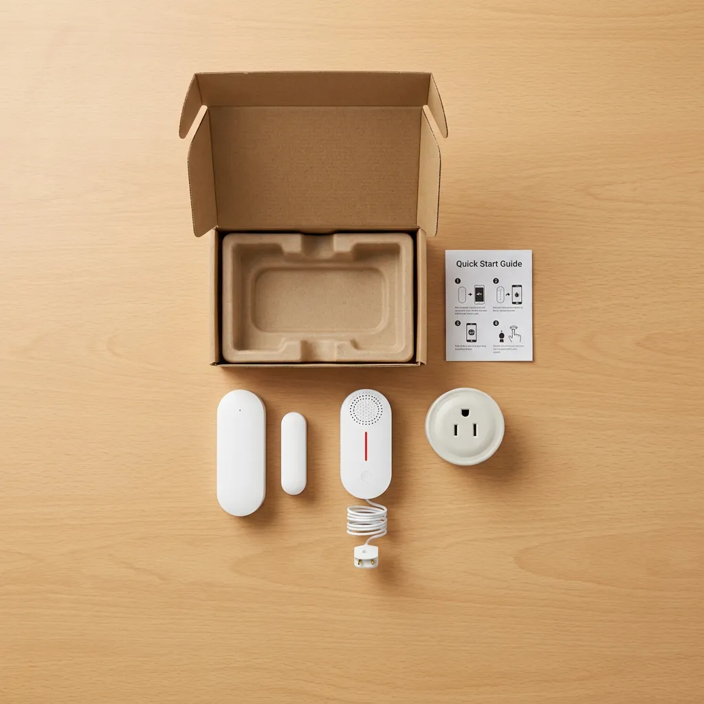 Peace of Mind Kit unboxing flatlay - door sensor, water leak sensor, smart plug, and Quick Start Guide