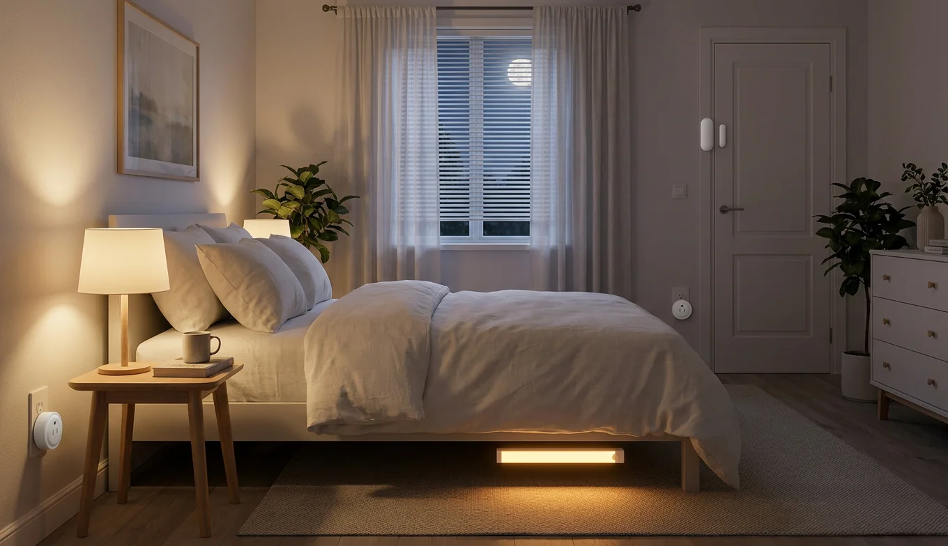 Sleep Easy Kit in action — cozy bedroom at night with smart plugs, door sensor and under-bed night light