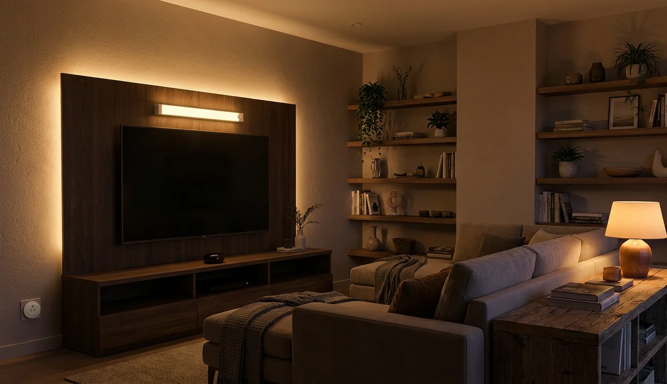 Movie Night Kit in action — cozy living room home theater with smart color bulb ambiance and one-tap control