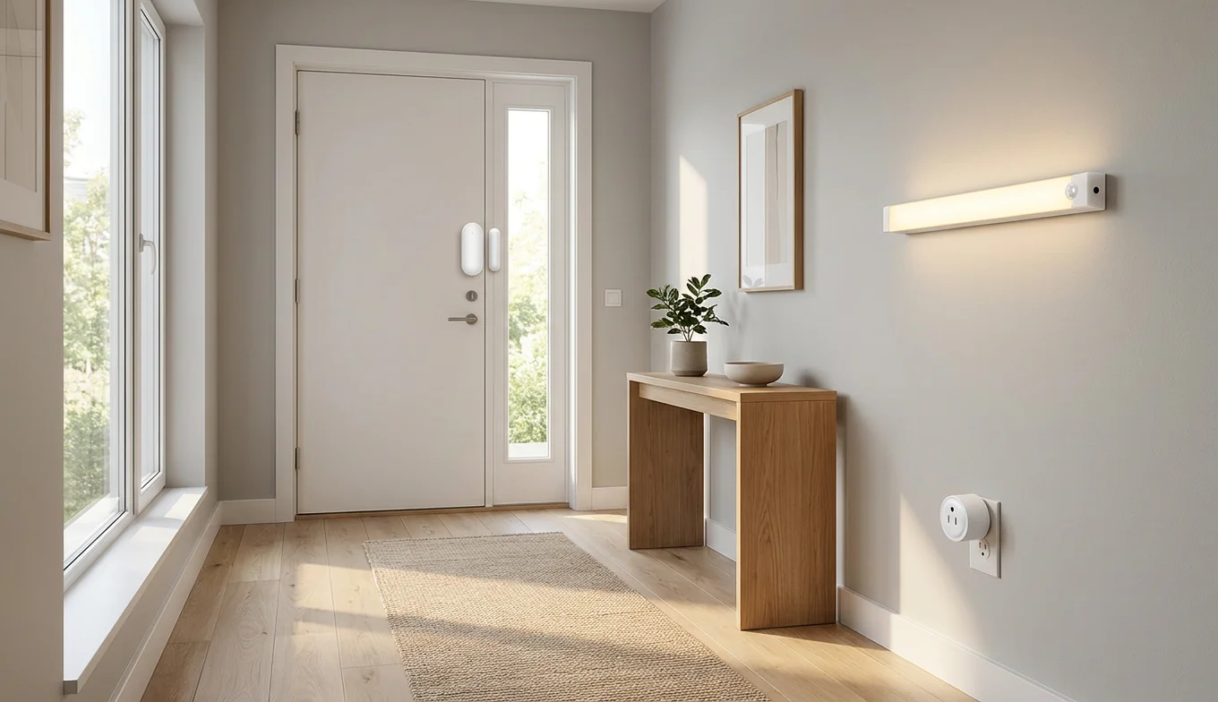 Peace of Mind Kit in action — modern entryway with door sensor, night light and smart plug for apartment security