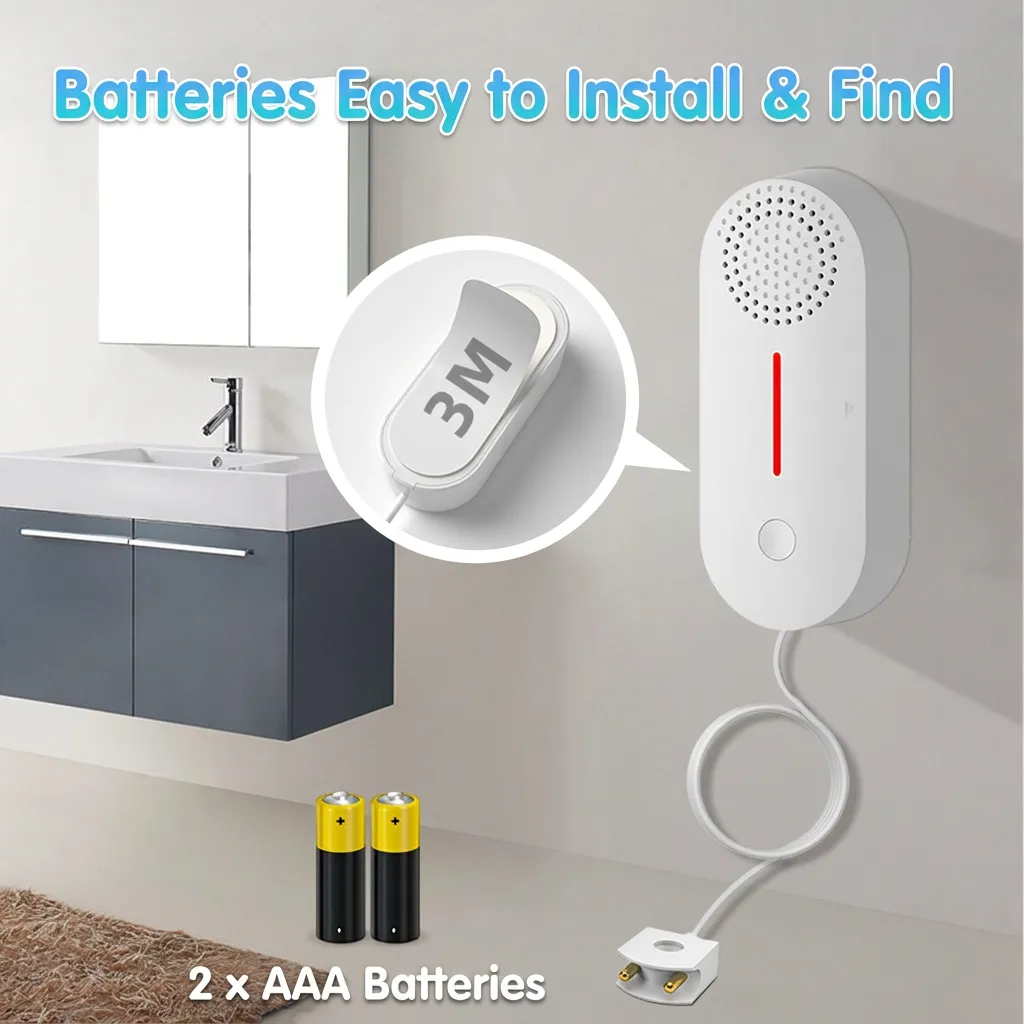 SW102 water leak sensor placed in bathroom near toilet and sink for leak detection