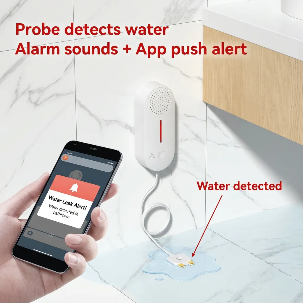 How the PICOSZ SW102 water leak sensor works — probe detects water, 100dB alarm sounds, app push alert sent to phone
