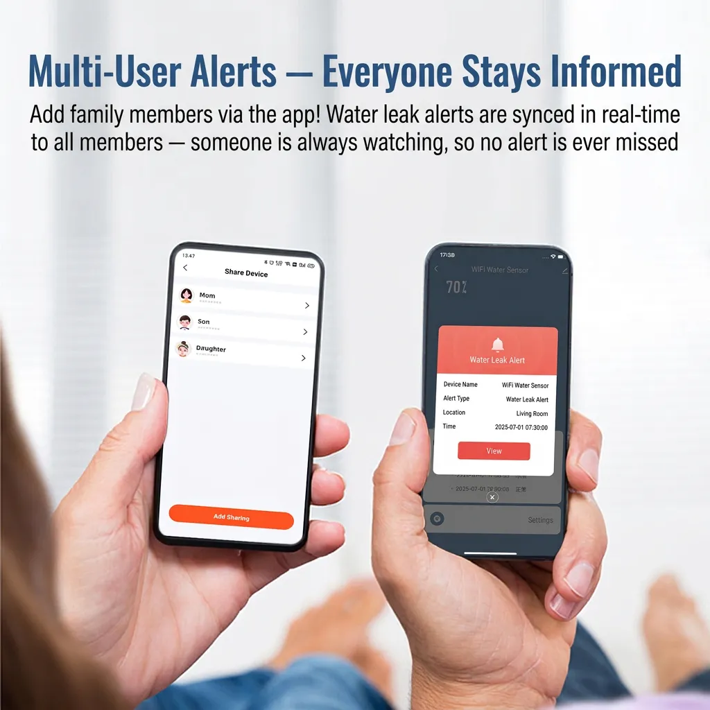 SW102 multi-user app alerts — share water leak notifications with family and roommates