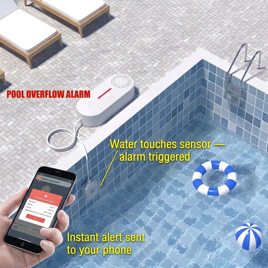 SW102 pool overflow alarm — water touches sensor triggers instant alert